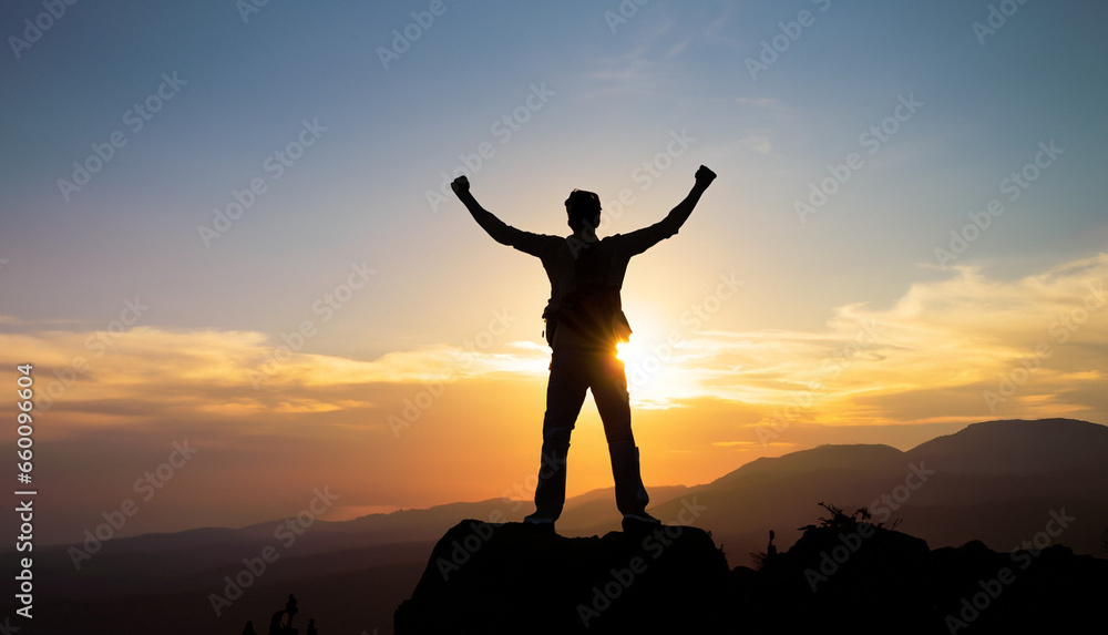 Silhouette of positive man standing on top of the mountain peak with arms raised celebrating his success.Success, victory and winning concept.