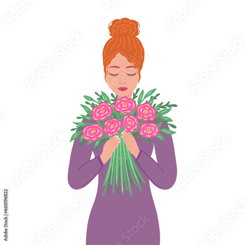 woman with bouquet of flowers. Vector Illustration for printing, backgrounds, covers and packaging. Image can be used for greeting cards, posters, stickers and textile. Isolated on white background.