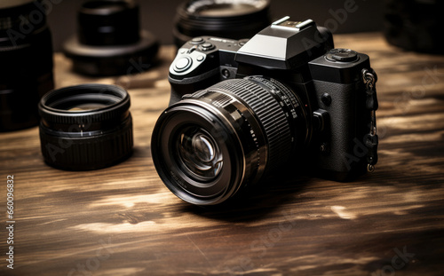 Photography equipment on wooden table