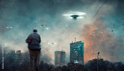 man escaping through the city surveillance cameras and drones besiege the city in an alien invasion realistic photo full of details  © Kathleen