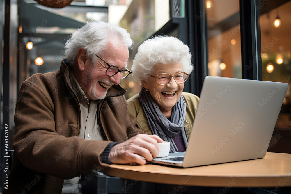 Elder couple using laptop in a cafeteria Elder couple using laptop in a cafeteria