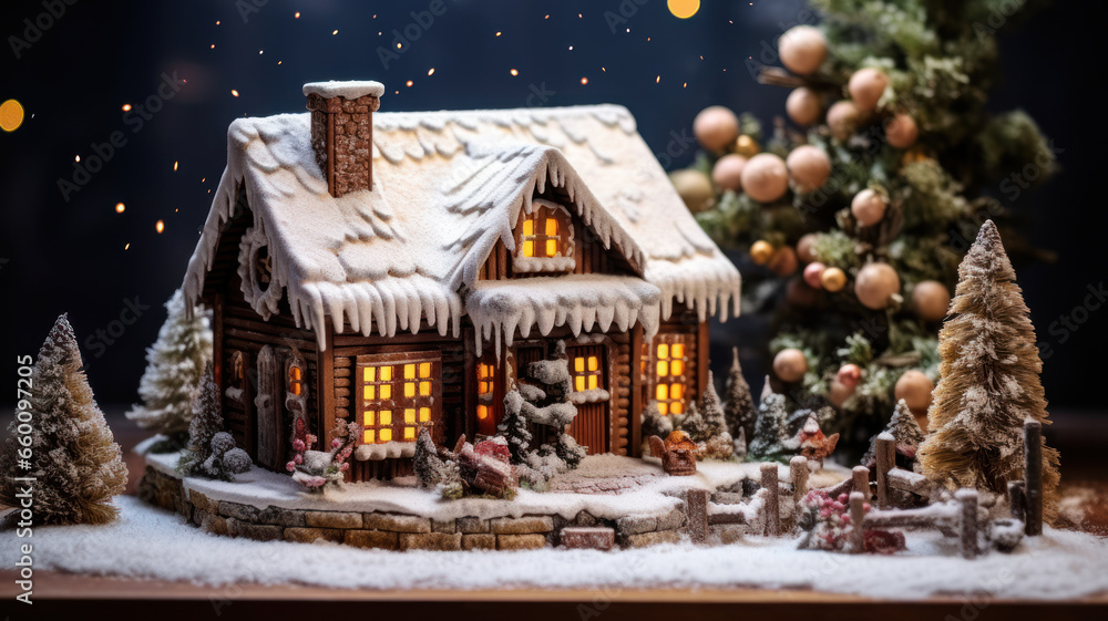 Festive Gingerbread House Scene in the Snowy Landscape Festive Gingerbread House Scene in the Snowy Landscape