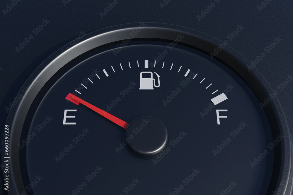 Fuel gauge pointing at empty reading. Illustration of the concept of empty oil tank