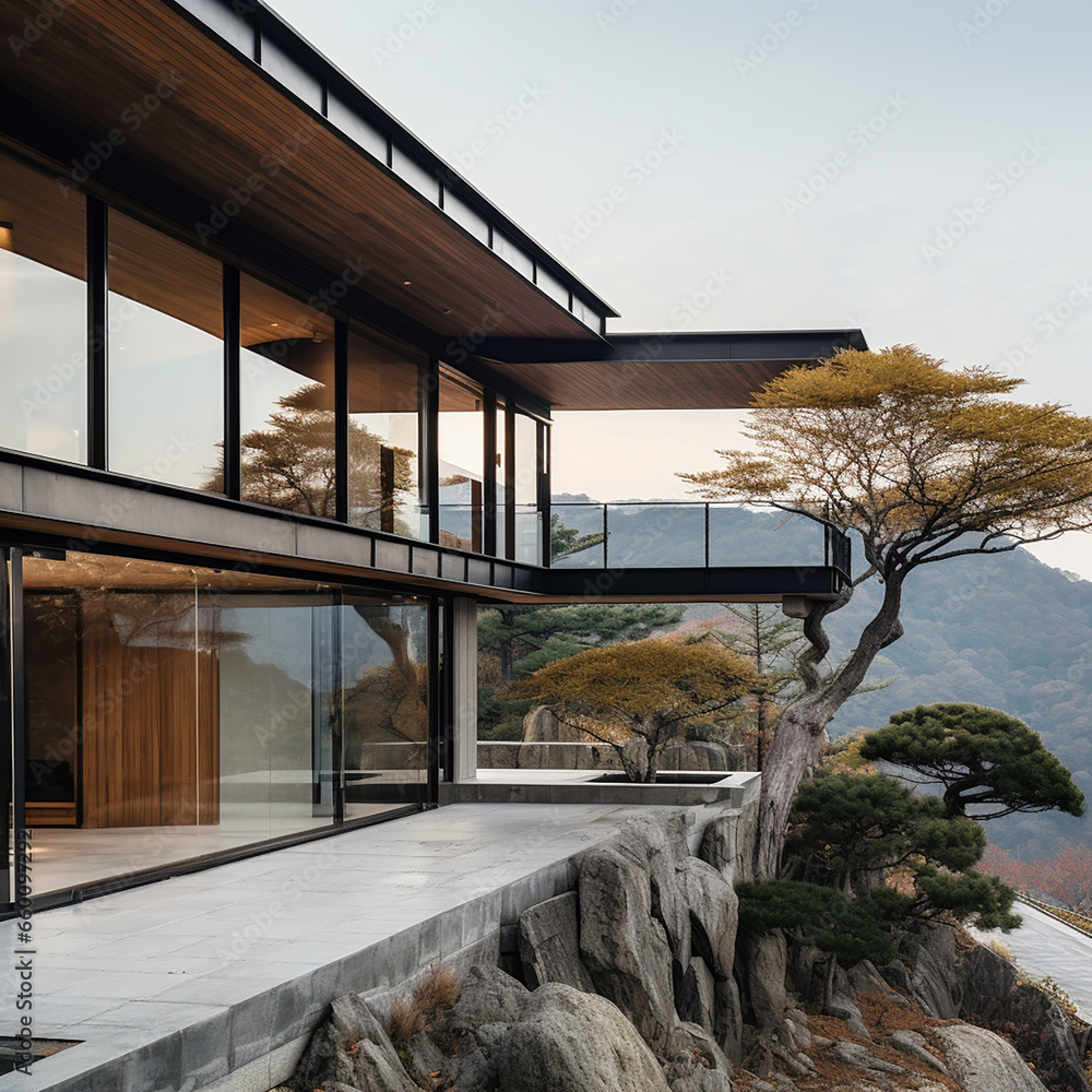 Fototapeta premium Architectural Photography, ExteriorScene in a house located in a mountain top created with Generative Ai