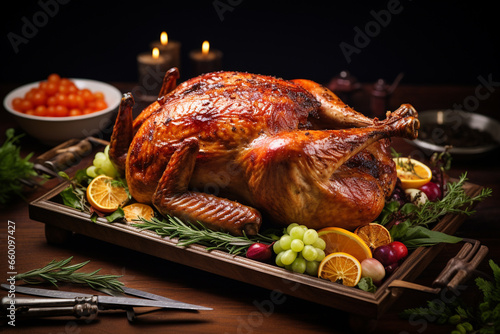 Traditional festive celebration with delicious roasted Thanksgiving turkey created with generative ai