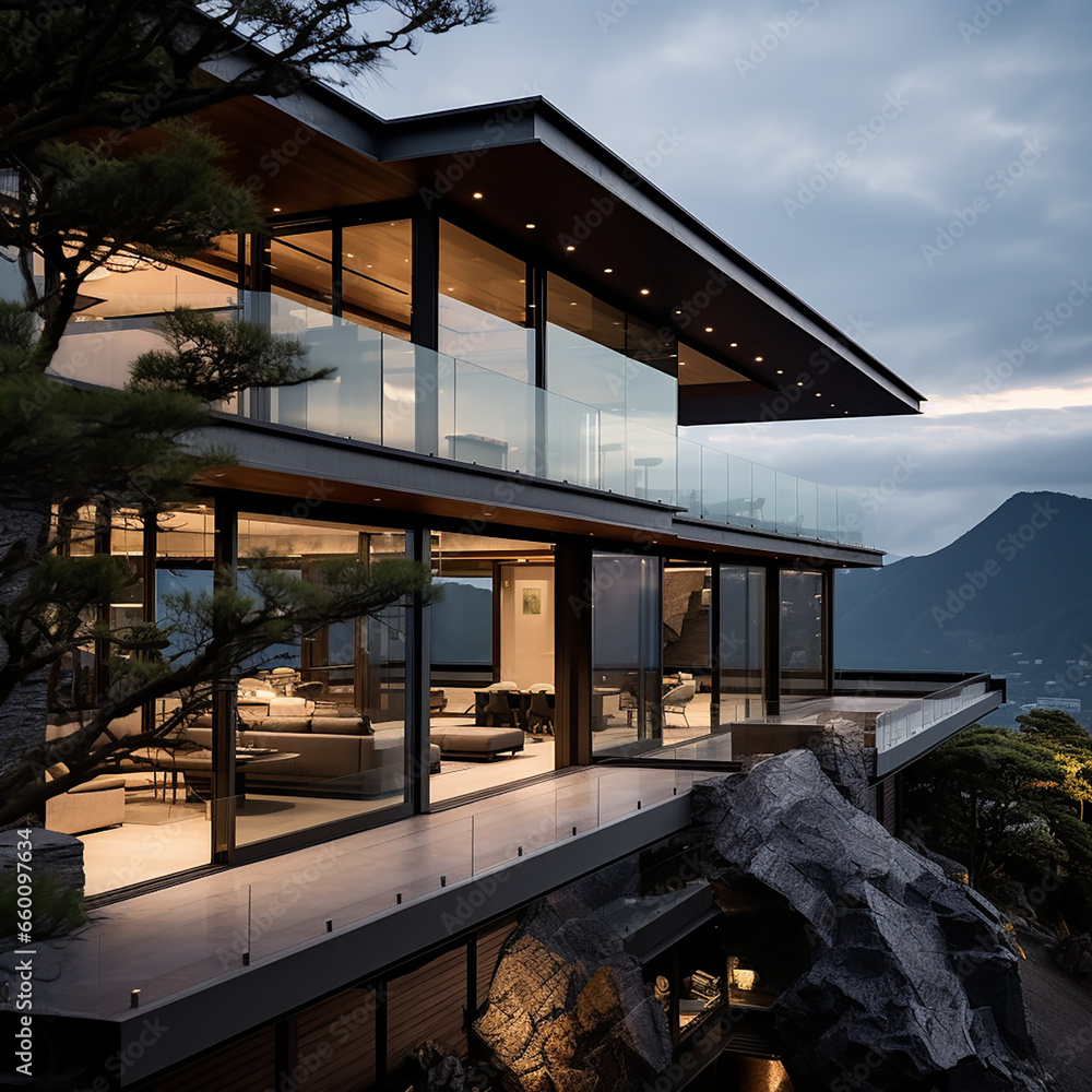 Architectural Photography, ExteriorScene in a house located in a mountain top created with Generative Ai