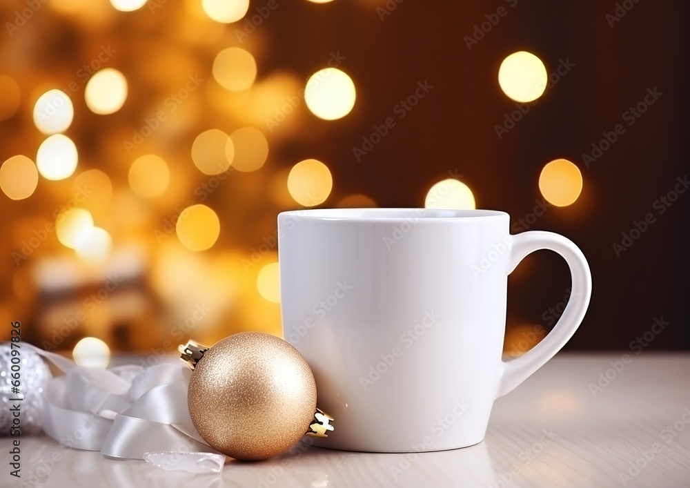 White mug on a white table with bright lights in defocus and gifts in the background. Close-up of a ceramic cup for advertising and design for New Year and Christmas. White mug on a white table with bright lights in defocus and gifts in the background. Close-up of a ceramic cup for advertising and design for New Year and Christmas.