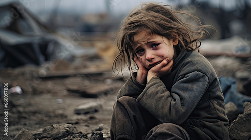 Homeless child crying for his family, Military soldiers killed her family and they destroyed their houses photo