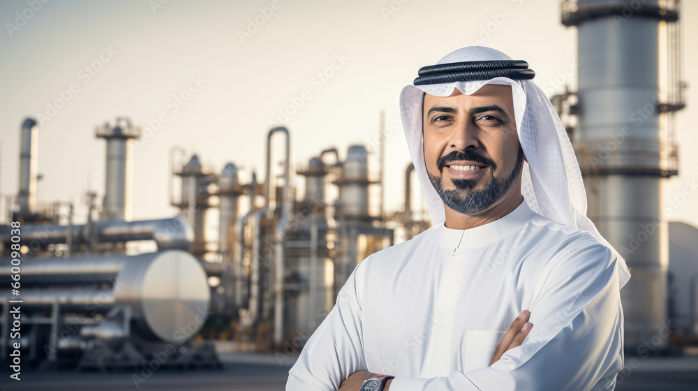 An Arab entrepreneur's success in the oil industry is evident as they stand beside an oil pump with a panoramic view of an expansive refinery in the background.