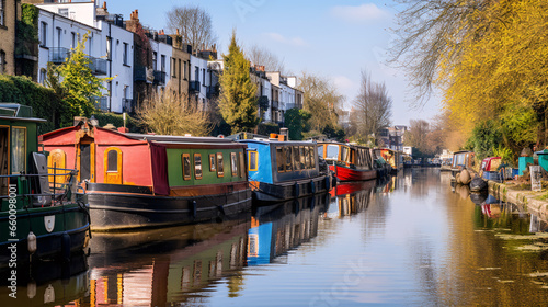 Foto A line of houseboats and narrow boats along the canal's edge..