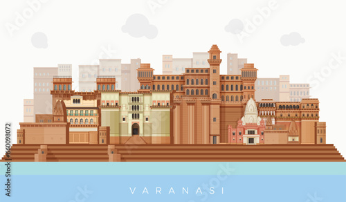 Varanasi City - Ghat Riverfront -  Icon Illustration