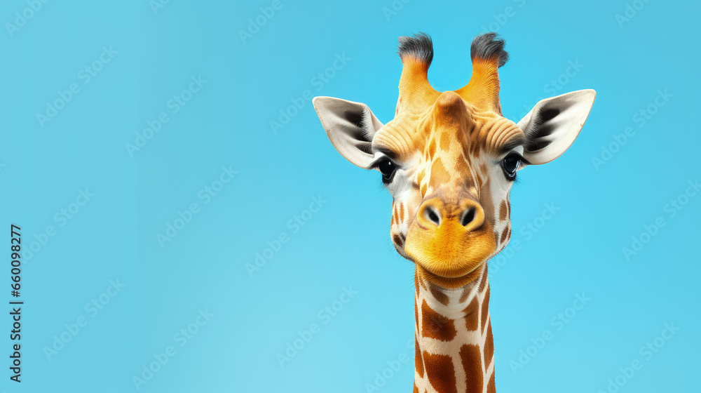 This image features a cheerful giraffe with a wide banner and copy space, set against a simple, unicolored background.Generative AI