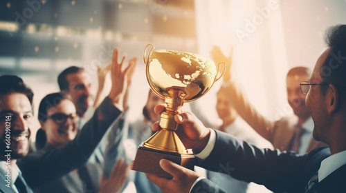 A businessman holds a gold trophy, with a blurred office background showing his team's celebration.