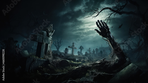 Creepy Zombie Hand Rising from Grave