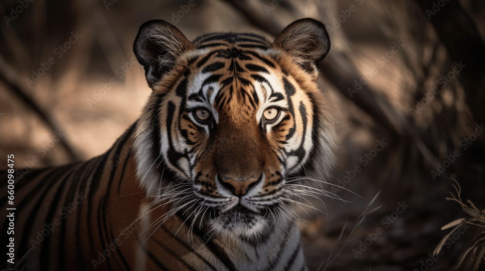 Fototapeta premium A portrait of a tiger from a front view with the animal looking directly into the camera