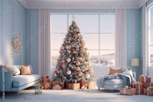 Cozy scandinavian modern living room white, gold, pink, blue interior design with a Christmas tree, gifts and traditional decorations. AI Generated © Olga Dogadina