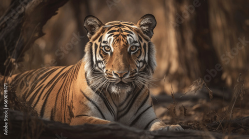 A portrait of a tiger from a front view with the animal looking directly into the camera