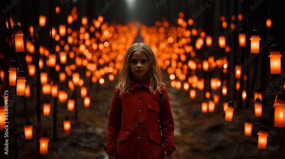 Halloween illustration of a girl in a red cloak in a dark forest walking among a lot of orange lanterns. Wallpaper, background. Halloween illustration of a girl in a red cloak in a dark forest walking among a lot of orange lanterns. Wallpaper, background.