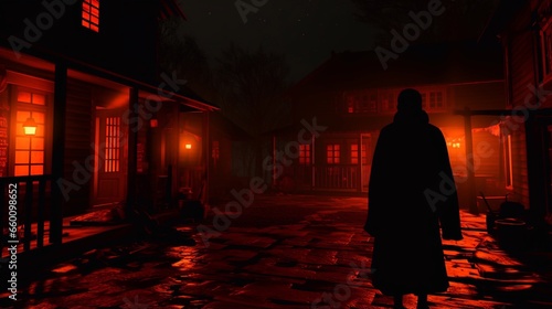Illustration of a man in a raincoat standing on a street at night between buildings glowing red. Wallpaper, background.