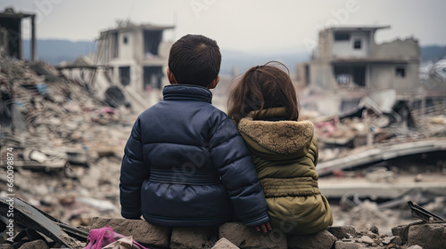 Innocence Amidst the Ruins, Embracing Children in War Torn Debris