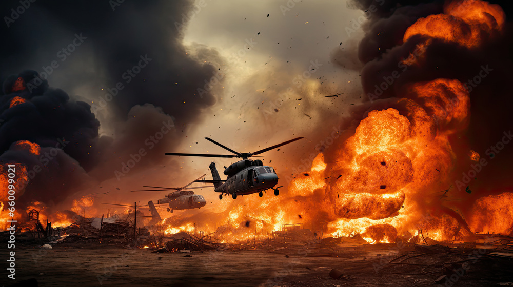 Military forces and helicopters between fire and bombs in battle field - obrazy, fototapety, plakaty 