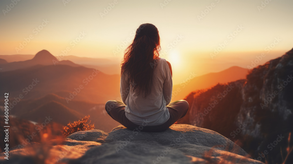 A woman meditates peacefully at sunset, with a blurred background, conveying relaxation and mental well-being.