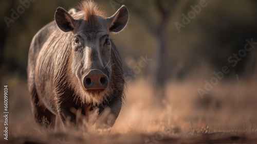 Close up photography of a Hog in Safari, isolated on a blurred forest background © MXTC