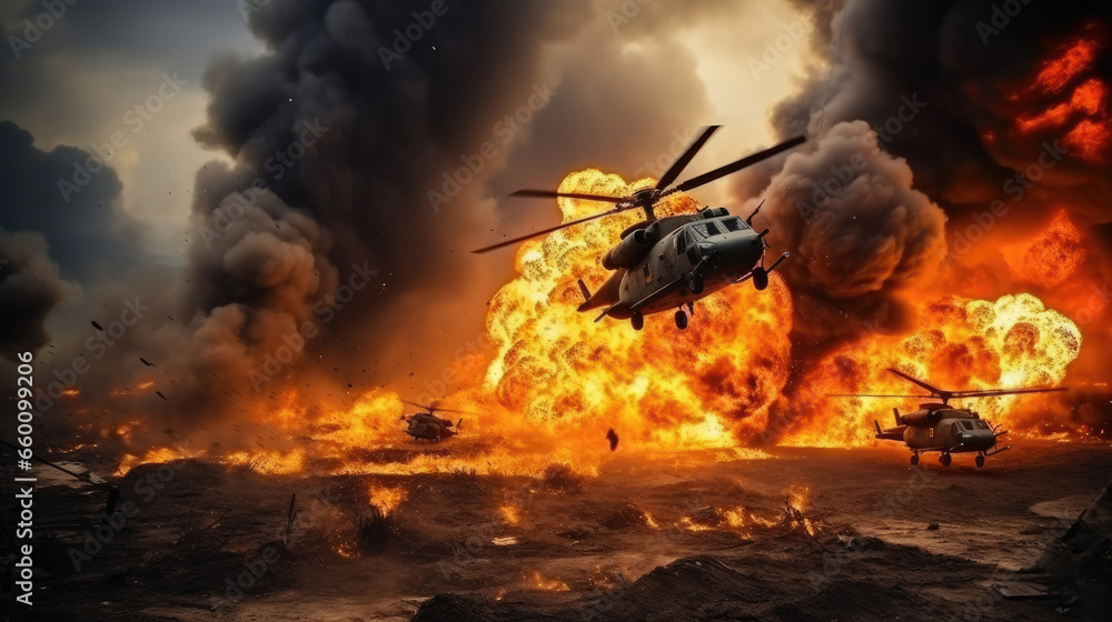 Military forces and helicopters between fire and bombs in battle field - obrazy, fototapety, plakaty 