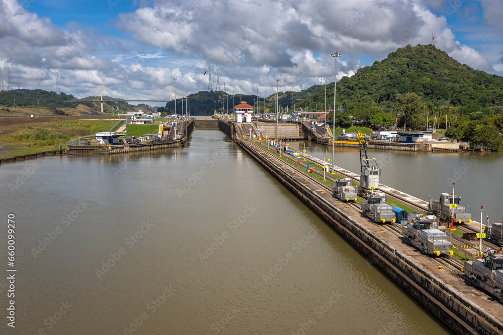 View of the Miraflores Locks. Giant locks allow huge ships to pass through the Panama Canal