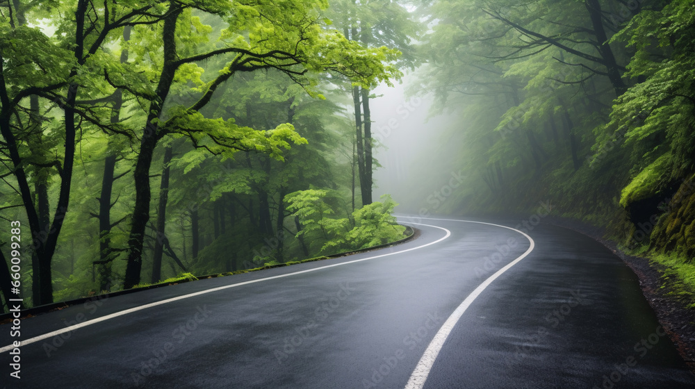 Obraz premium The captivating allure of a mountain road on a wet spring day, surrounded by verdant trees, concealed in a blanket of fog, and under a moody overcast sky
