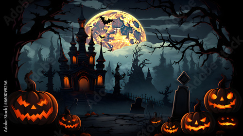 Haunted cemetery with evil pumpkins and bats in Mystical Halloween Eve