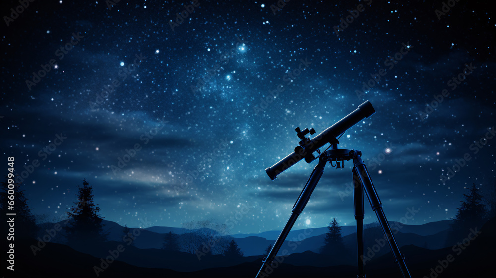 A telescope's silhouette set against a starry night sky, portraying the essence of astronomy and stargazing.. A telescope's silhouette set against a starry night sky, portraying the essence of astronomy and stargazing..