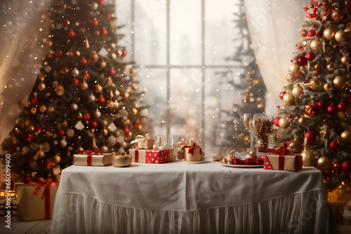 ..Festive Chistmas or New Year decorated table with gifts against cozy room with Christmas tree, gifts, treats and bokeh light. Generative AI photo