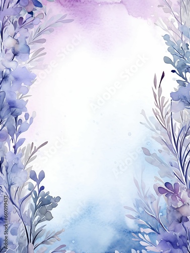 Watercolor Blue Purple Background with floral border, Abstract vignette watercolor background, Magical fantasy splatter background, wedding invitation card background