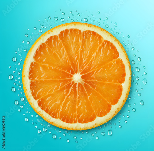 Creative summer layout made of slice of orange and water drops on bright turquoise background. Fruit minimal concept.