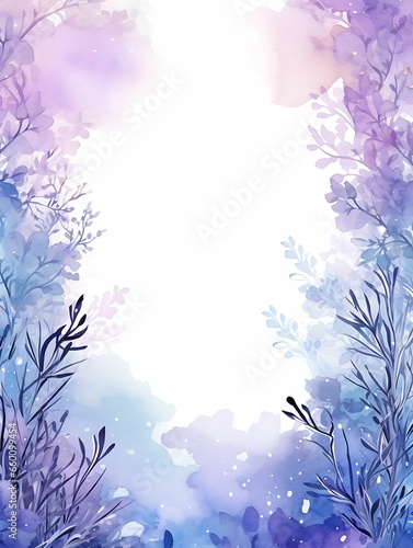 Watercolor Blue Purple Background with floral border, Abstract vignette watercolor background, Magical fantasy splatter background, wedding invitation card background