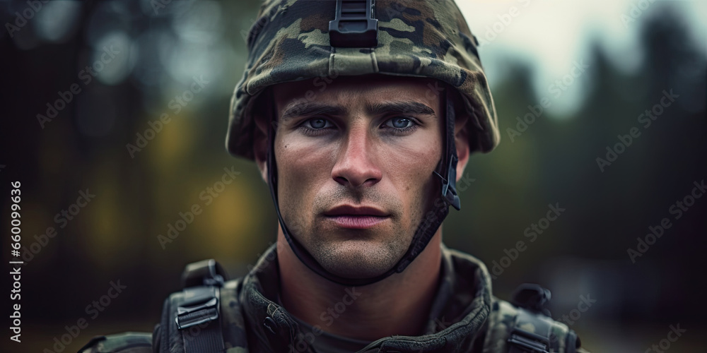 Portrait of a European army soldier in the ranks with selective focus, human enhanced Portrait of a European army soldier in the ranks with selective focus, human enhanced
