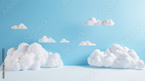 Empty room with Clouds floating in the air on blue background.
