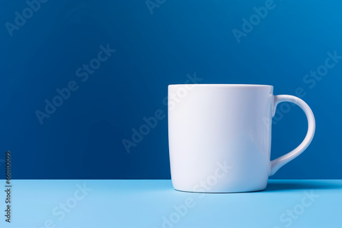 A white cup on a blue background. Minimalism.