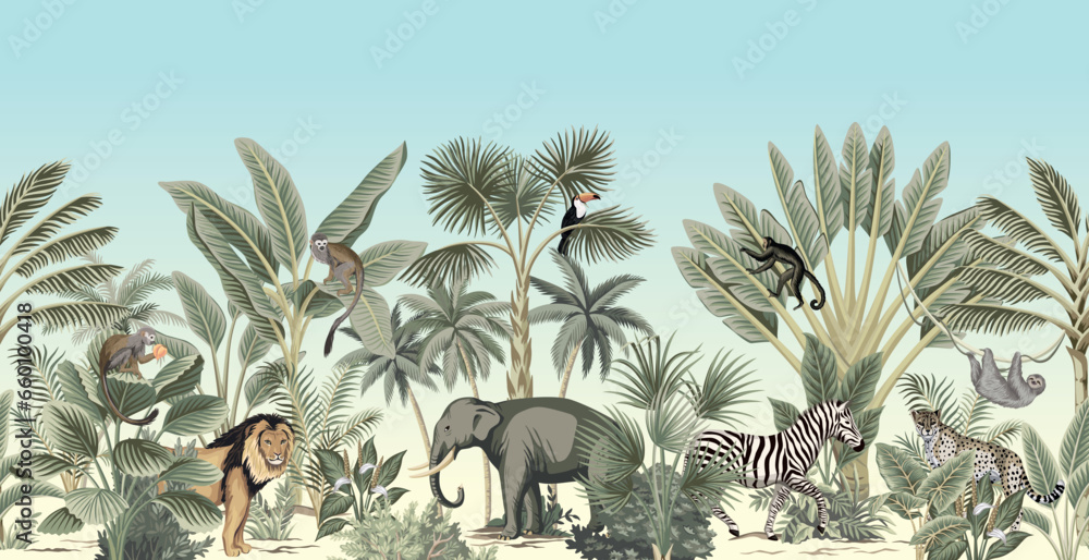 Safari elephant, lion, zebra, monkey, toucan, palms, banana trees mural. African landscape.