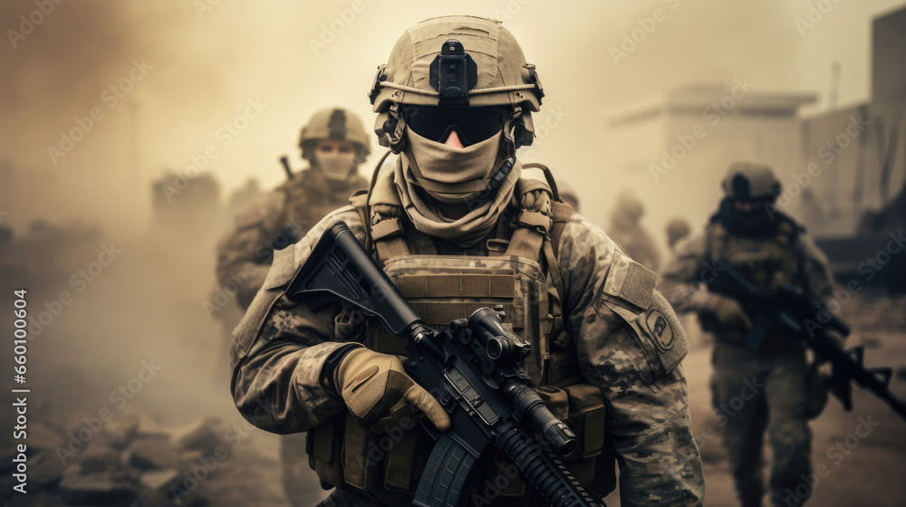Several modern soldiers fully equipped facing the camera in a dusty and smoggy environment