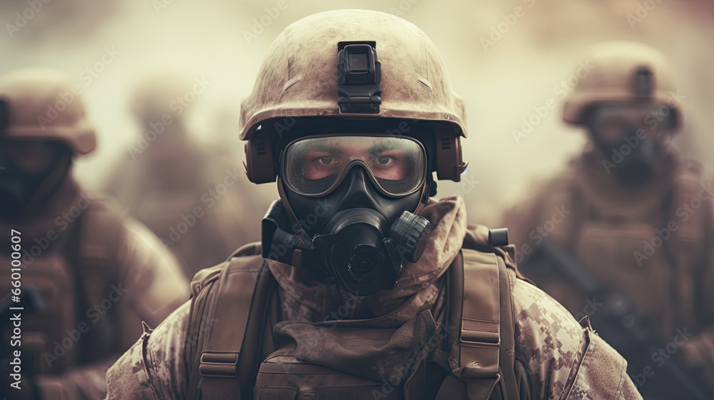 Several modern soldiers fully equipped facing the camera in a dusty and smoggy environment Several modern soldiers fully equipped facing the camera in a dusty and smoggy environment
