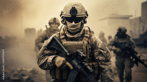 Several modern soldiers fully equipped facing the camera in a dusty and smoggy environment