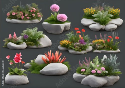 Garden design flower plants and rocks on transparent backgrounds 3d rendering. Generative AI
