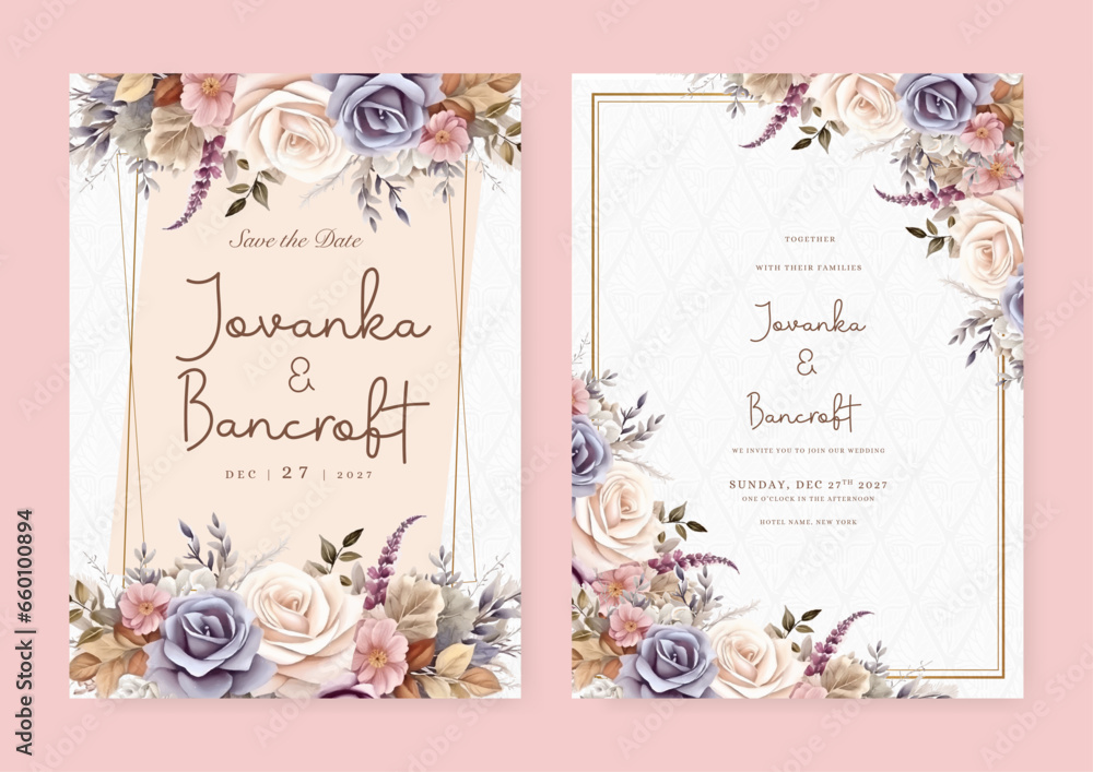 White and purple violet rose vector elegant watercolor wedding invitation floral design