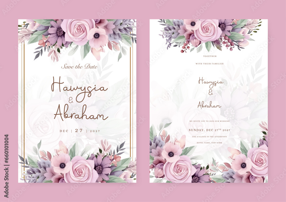 Pink and purple violet rose and poppy luxury wedding invitation with golden line art flower and botanical leaves, shapes, watercolor