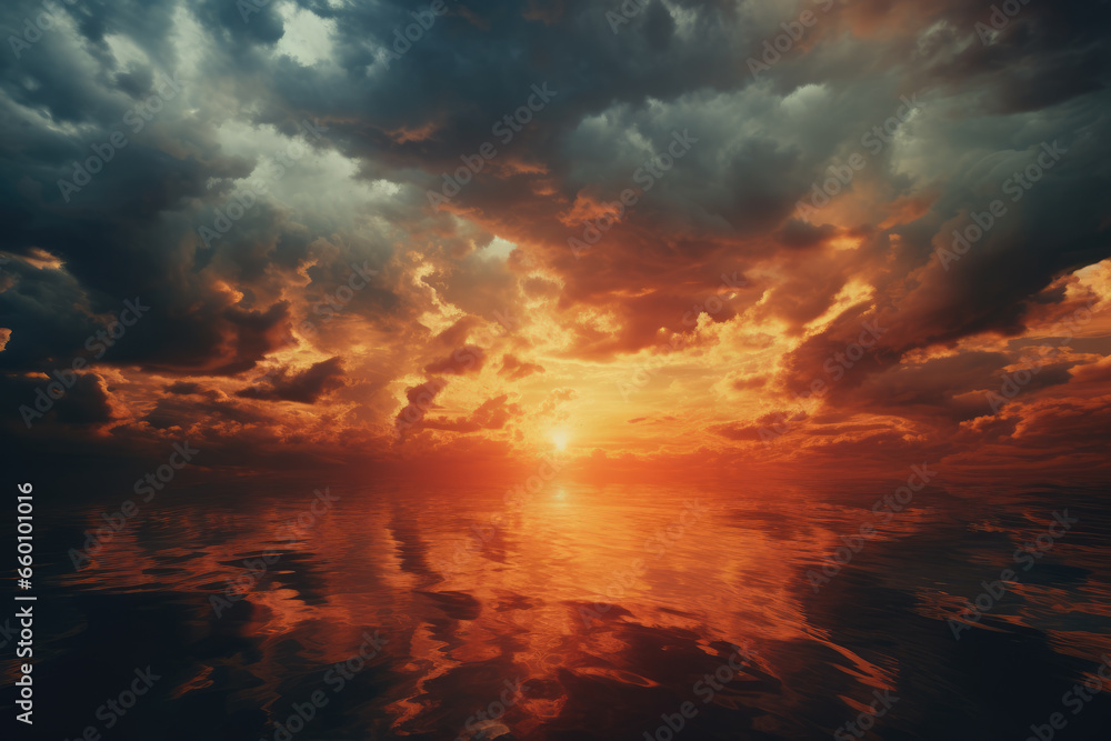 Fototapeta premium Sun Setting Over Water with Colorful Sky and Clouds with Reflection, Generative AI