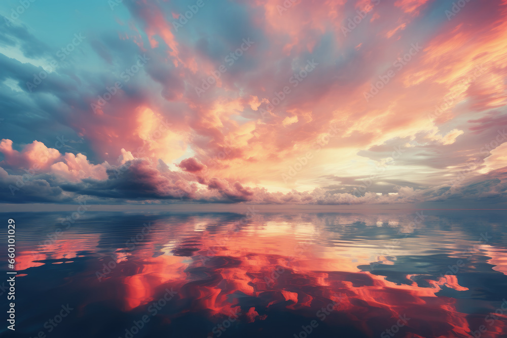 Sun Setting Over Water with Colorful Sky and Clouds with Reflection, Generative AI