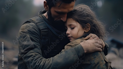 Soldier holds a child refugee little girl sad from being forced to flee her home. Child in the war conflict on the ruins, the concept of peace and war, sad child. Humanitarian disaster