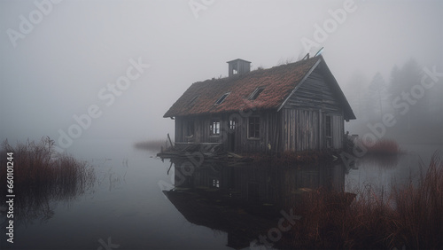 Lake house in the fog